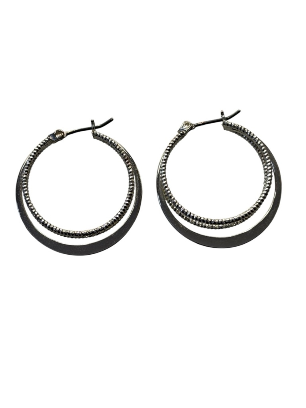 Silver Tone Hoop Earrings - Triple Layer Textured Beaded & Polished Multi-Hoop